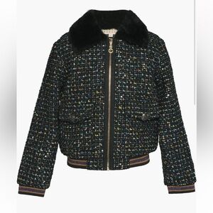Truly Me Black Blazer with Textured Tweed and Gold Zipper